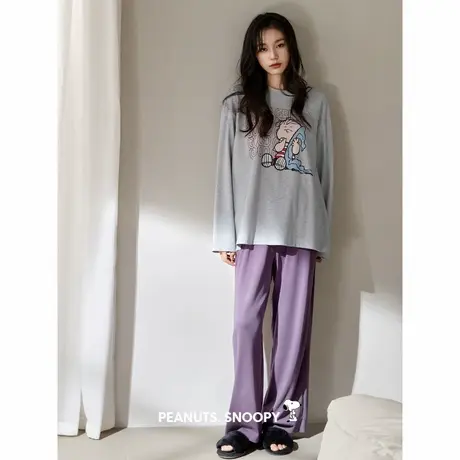 贝妍柔软棉睡衣女士春秋季长袖圆领家居服新款可爱史努比休闲套装商品大图