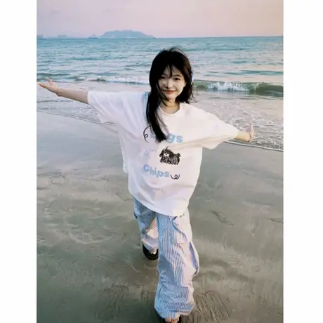 白色纯棉落肩宽松短袖t恤女夏季2025新款半袖上衣女设计感小众潮商品大图