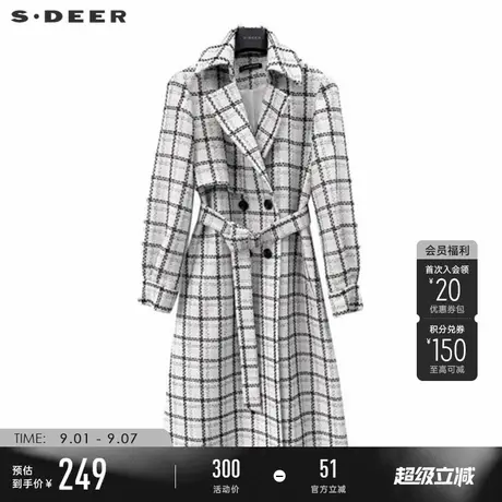 sdeer圣迪奥秋季女装英伦风翻领格纹收腰长款大衣S223Z1858图片