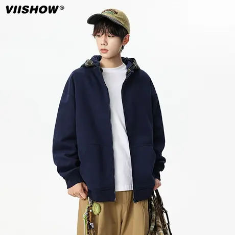 VIISHOW美式潮牌格纹拼接连帽卫衣男女秋复古小众假两件开衫外套商品大图