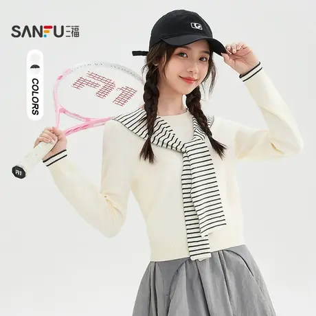 三福毛衣2025冬季可拆卸条纹连帽披肩休闲韩系上衣女装510059商品大图