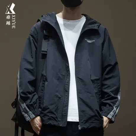 户外防水防风连帽冲锋衣外套男秋季潮牌刺绣宽松大码拉链登山外套商品大图