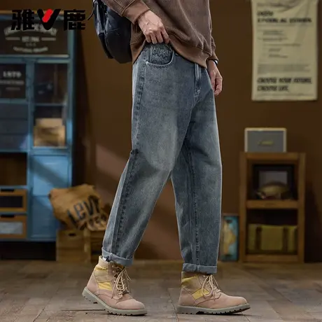 雅鹿宽松百搭舒适牛仔裤2026春季新款男青年潮牌磨白垂感休闲长裤图片