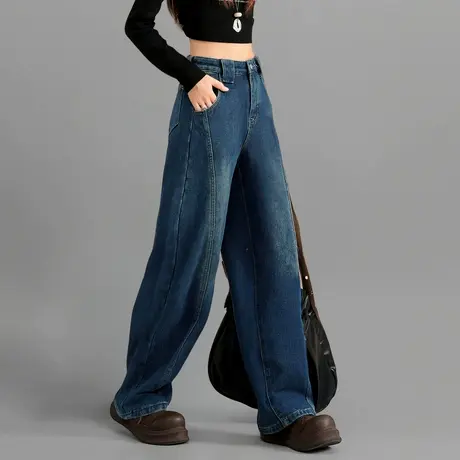 唐狮秋冬牛仔裤女高级感时尚百搭女式休闲直筒裤加绒保暖TD图片