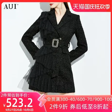 AUI小香风气质加厚西装外套女冬2023新款不规则设计黑色修身大衣商品大图