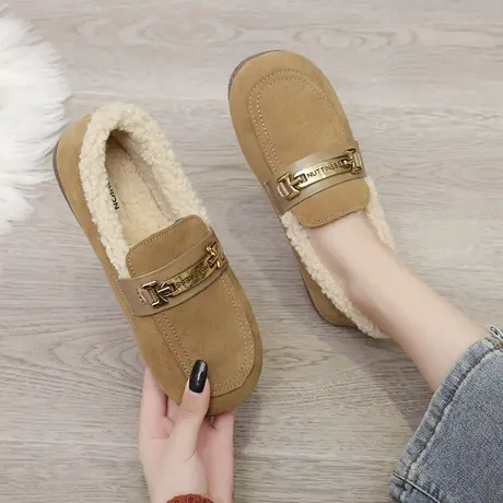 豆豆鞋女复古加绒棉鞋2023秋冬季新款平底一脚蹬毛毛鞋外穿乐福鞋商品大图