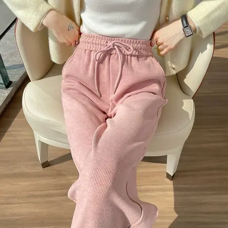 雪尼尔针织阔腿裤女2023新款秋冬季粉色高腰垂感糯米窄版直筒裤子商品大图