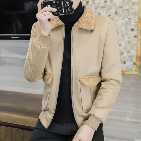 秋冬季新款加绒加厚夹克潮牌休闲帅气羊羔毛领潮流百搭保暖外套图片
