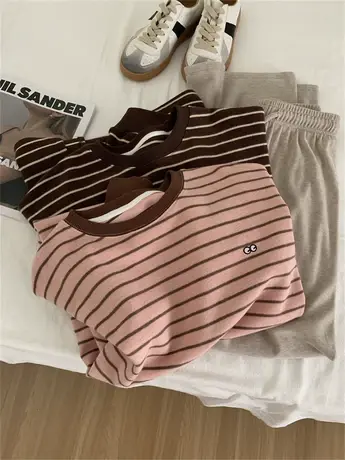 高克重刷毛米妮棉条纹卫衣女宽松减龄撞色圆领刺绣套头上衣23秋冬图片