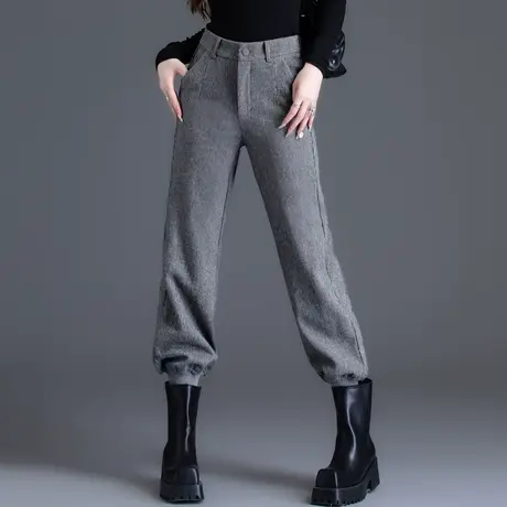 品牌加绒加厚裤子2023新款灰色毛呢裤女秋冬流行九分裤束脚灯笼裤商品大图