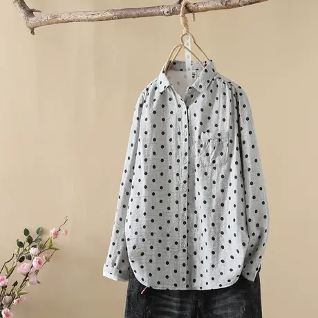 波点印花双层棉纱长袖衬衫女宽松遮肉显瘦秋文艺休闲百搭打底衬衣商品大图