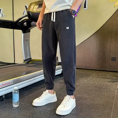 灯芯绒休闲裤男秋冬纯色束脚痞帅宽松百搭运动裤潮牌冬款加绒卫裤图片