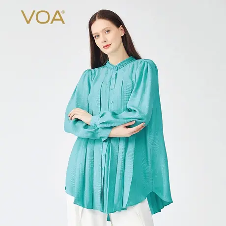 VOA100%真丝提花绿色单排多扣立领褶皱休闲通勤圆弧摆桑蚕丝衬衫商品大图