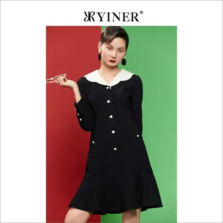 YINER音儿女装秋季长袖撞色学院风修身三醋酯连衣裙图片