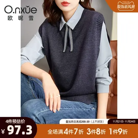 欧昵雪2024春秋新款休闲圆领宽松毛衣马甲女无袖背心针织衫上衣商品大图