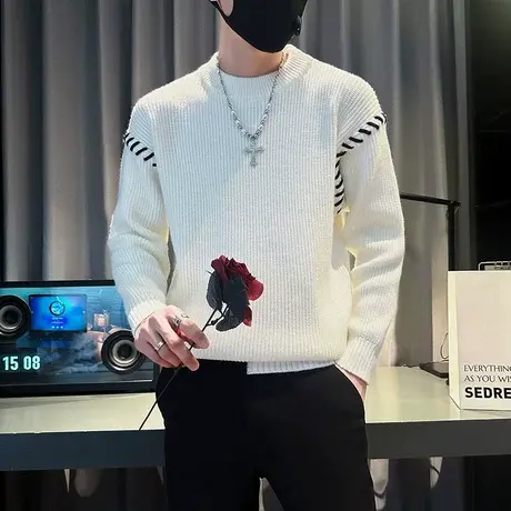 潮牌毛衣男秋冬款针织打底衫上衣2023新款百搭个性宽松慵懒风线衣商品大图