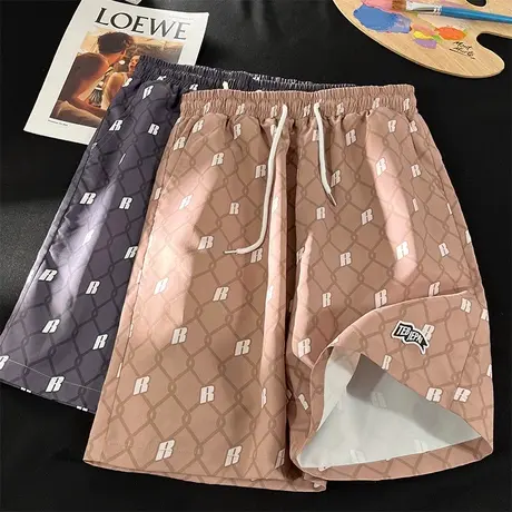 贴标冰丝短裤男夏季宽松五分裤港风ins潮牌透气运动设计感中裤子商品大图