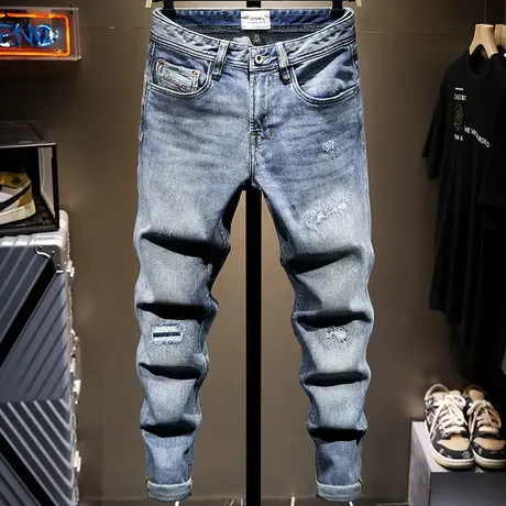 2021新款夏季薄款破洞牛仔裤男修身小脚浅色百搭男士长裤子男潮牌商品大图