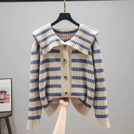 开衫女2023春秋新款韩版宽松毛衣外套条纹针织衫百搭娃娃领上衣女商品大图