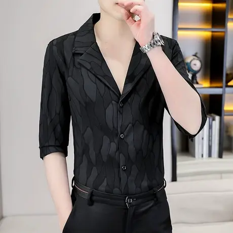 潮牌西装V领短袖衬衫男士韩版痞帅个性时尚半袖休闲百搭夏款衬衣商品大图