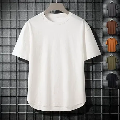 弧形下摆2023夏季新款极简纯色短袖t恤男士休闲体恤男半袖衣服潮商品大图