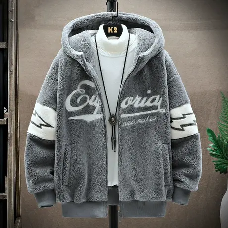 棉毛绒外套男士秋冬季衣服加绒加厚保暖连帽夹克男潮牌颗粒绒褂子商品大图