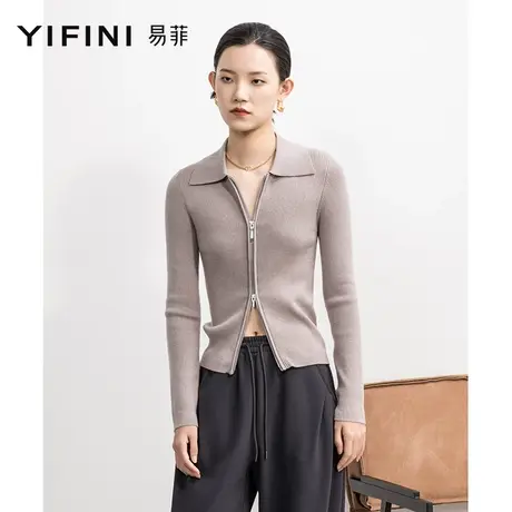 Yifini/易菲翻领简约黑色针织开衫女春秋新款修身拉链开衫女图片