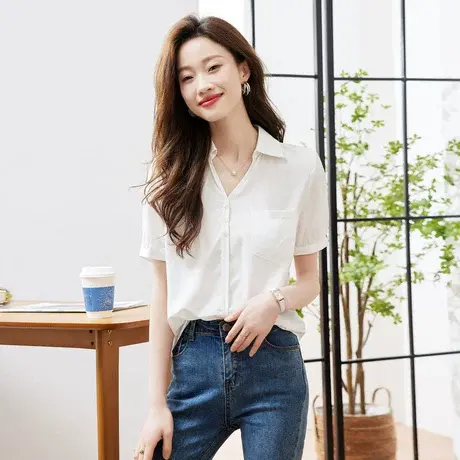 时尚气质V领短袖衬衫2023年夏季新款淑女温柔甜美显瘦百搭上衣商品大图