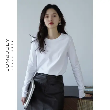 嘉茱莉2023年秋季新款圆领长袖T恤女短款内搭打底衫宽松套头上衣商品大图