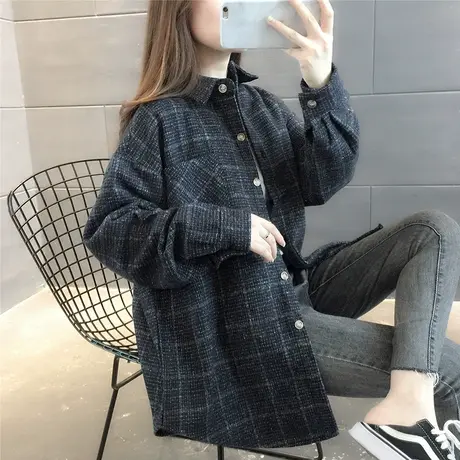 2023秋季新款港味复古条纹格子衬衫女加厚韩版设计感外套宽松衬衣图片