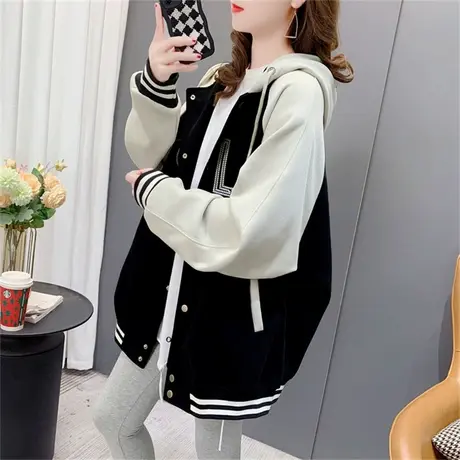 学院风拼色连帽棒球服卫衣开衫女2023新款春季宽松慵懒风洋气外套商品大图