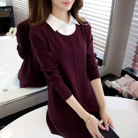 针织衫假两件套女衬衫领春秋装外穿中长款打底衫宽松套头毛衣外套商品大图