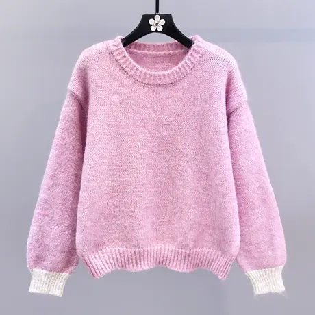 拼色圆领套头毛衣女秋冬2023新款宽松慵懒风加厚软糯长袖针织上衣商品大图