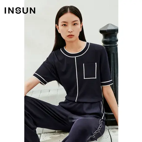 INSUN恩裳线上专选夏季撞色套头冰丝圆领针织衫图片