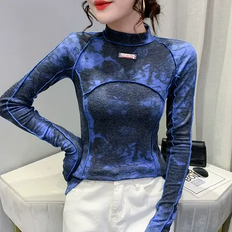 欧货半高领打底衫女春秋时尚扎染印花气质T恤长袖修身显瘦上衣ins商品大图
