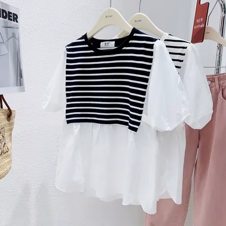 韩国东大门温柔甜美上衣2023夏季新款chic小个子条纹拼接衬衫短袖图片