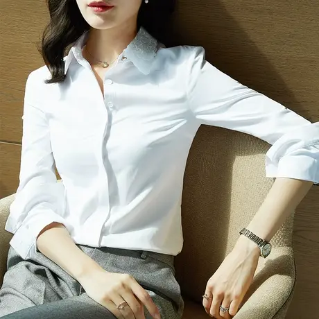 秋装职业白色衬衫女职业韩版气质棉打底刺绣长袖工作服免烫衬衣女商品大图