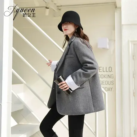 毛呢西装外套女秋冬加厚夹棉韩版宽松拼接翻袖收腰显瘦呢子小西服图片