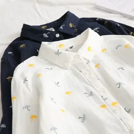 初春新款雨伞印花婴儿棉纱长袖衬衫女学生文艺清新翻领双层纱上衣商品大图