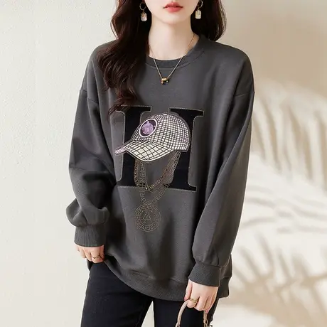 女士卫衣春秋季新款宽松加大码女装中年妈妈烫钻百搭显瘦长袖上衣商品大图