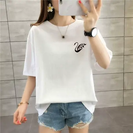 2024夏季新款印花白色t恤女短袖ins潮学生洋气宽松韩版打底衫上衣商品大图