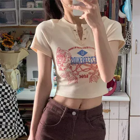 美式复古印花修身正肩短袖t恤女夏季小个子甜酷辣妹风短款bm上衣商品大图