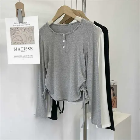 简约下摆抽绳别致长袖T恤女春夏垂感弹力舞蹈服练功服现代舞上衣商品大图