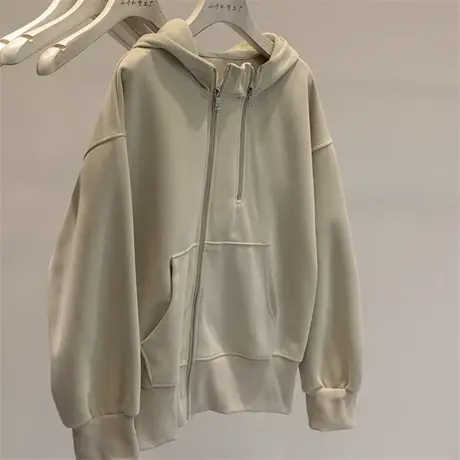 小众du特不撞衫~2023秋款不规则拉链设计纯色休闲百搭连帽卫衣女商品大图