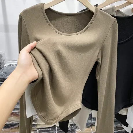 小个子短款加绒保暖内搭打底衫女秋冬德绒磨毛长袖T恤上衣服洋气商品大图