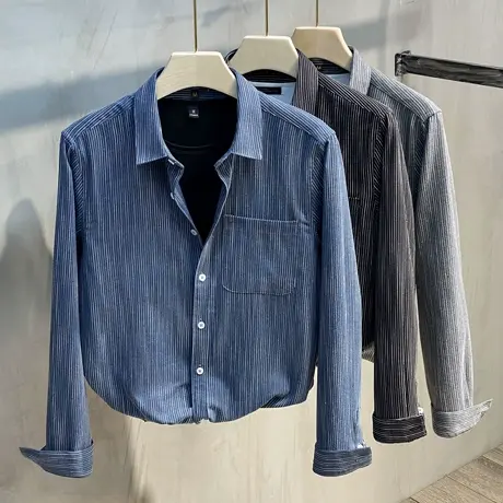 男士衬衣长袖商务休闲正装春秋装上衣修身百搭条纹衬衫男韩版潮流商品大图