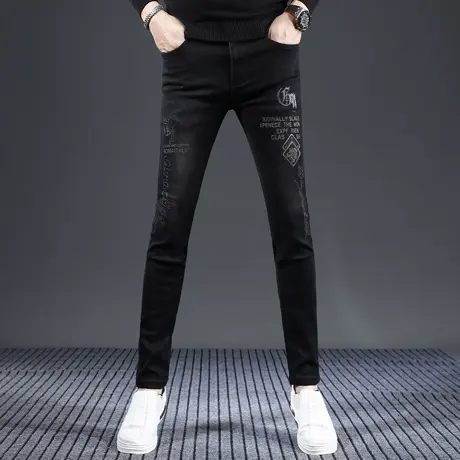 秋冬新款烫钻印花男士牛仔裤男黑色弹力修身小脚显瘦休闲欧版潮流图片