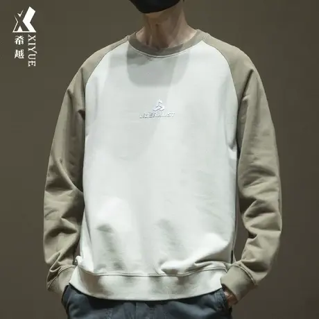 330g双面印花男士卫衣宽松大码美式高街风拼色圆领长袖秋冬打底衫商品大图