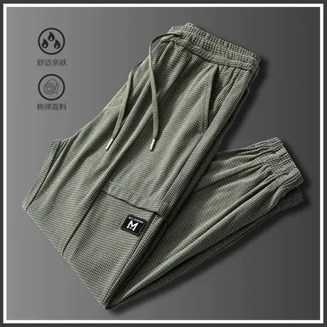 军绿色华夫格运动卫裤男士束脚宽松紧腰秋冬季春秋款休闲裤子男裤商品大图