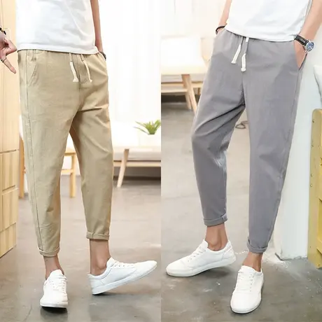 夏季裤子男韩版潮流修身小脚亚麻休闲运动裤8分9分裤薄款九分裤男商品大图